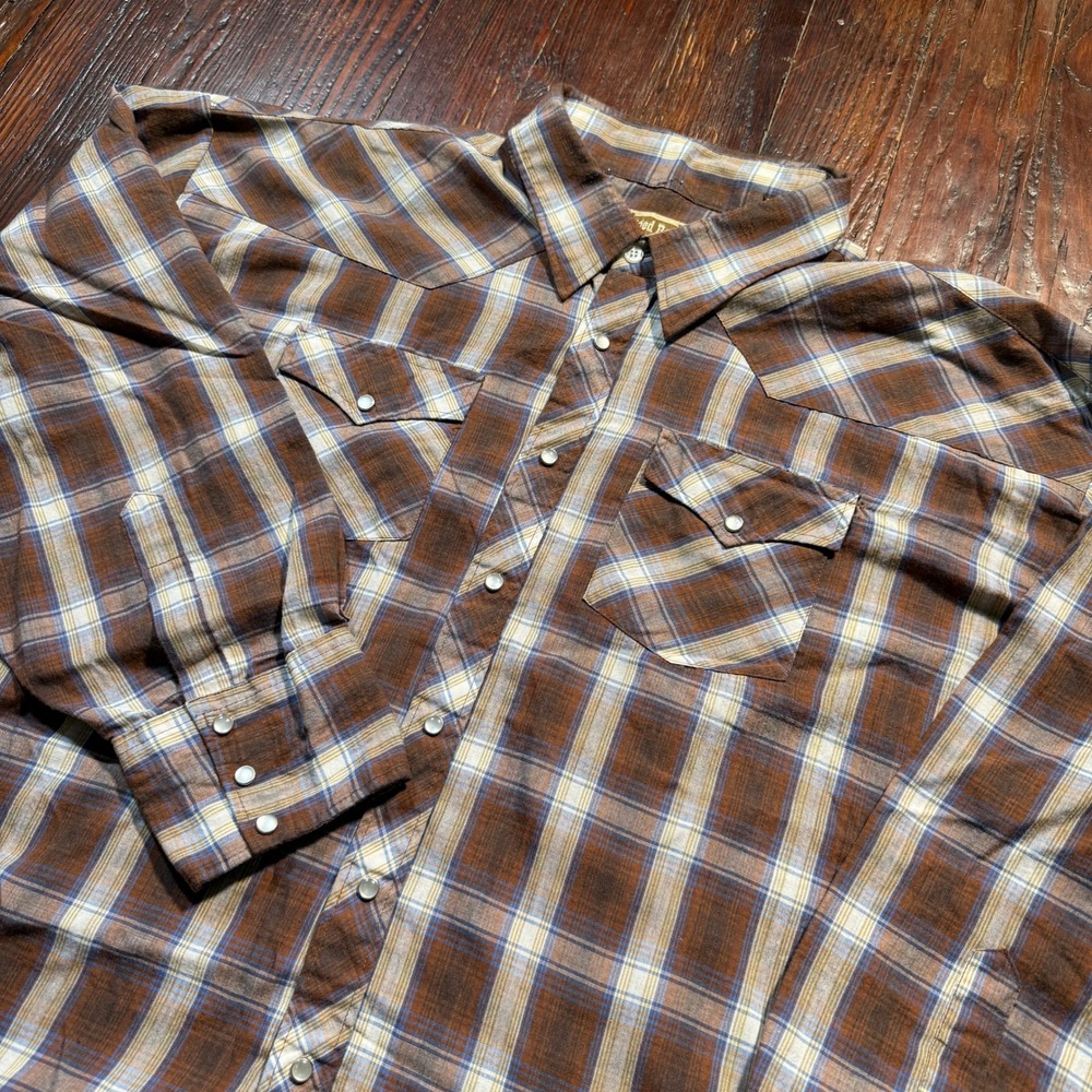 Vintage 90s Rugged Ranch Shirt Mens 3XL Brown Plaid Pearl Western Cowboy